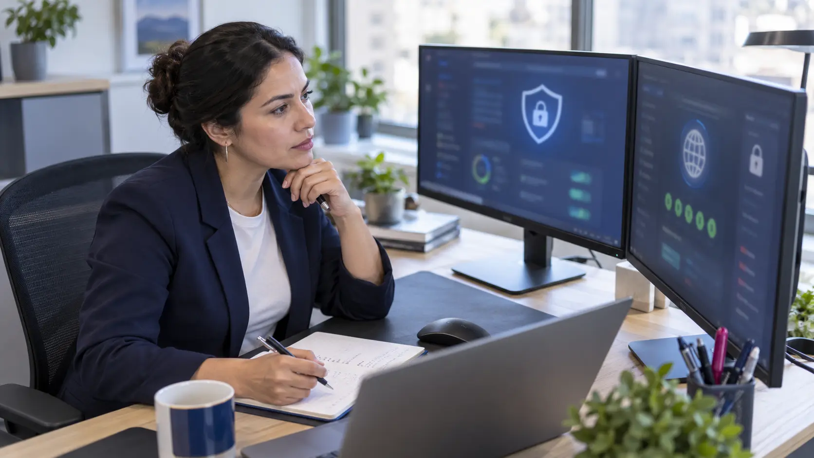 Especialista técnica supervisando la seguridad web y el certificado SSL